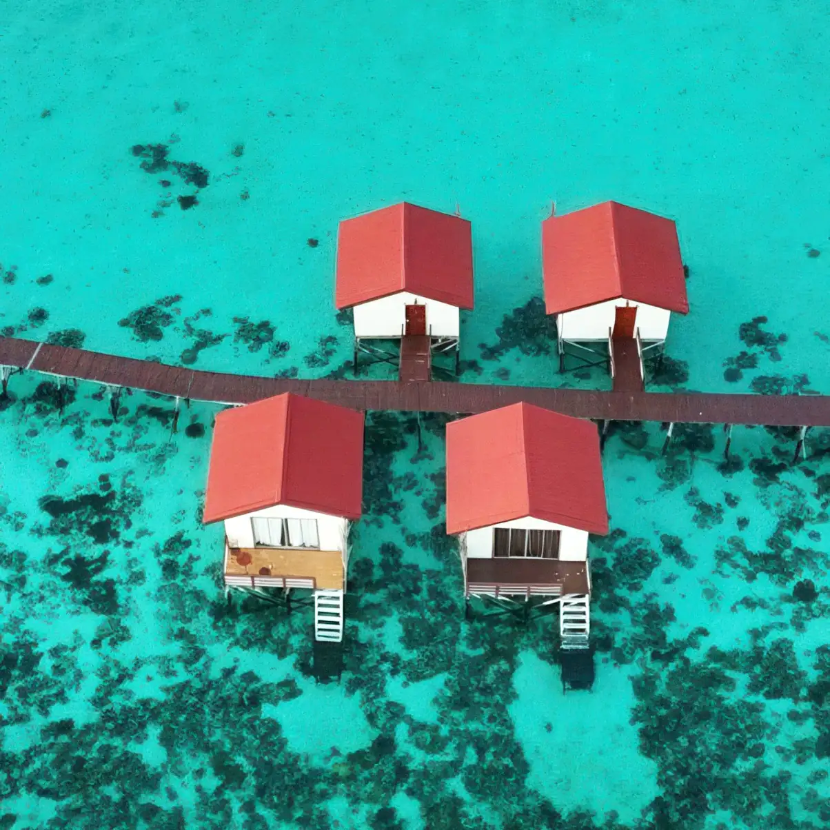 Aerial drone view of the overwater Coco Seaweed Resort