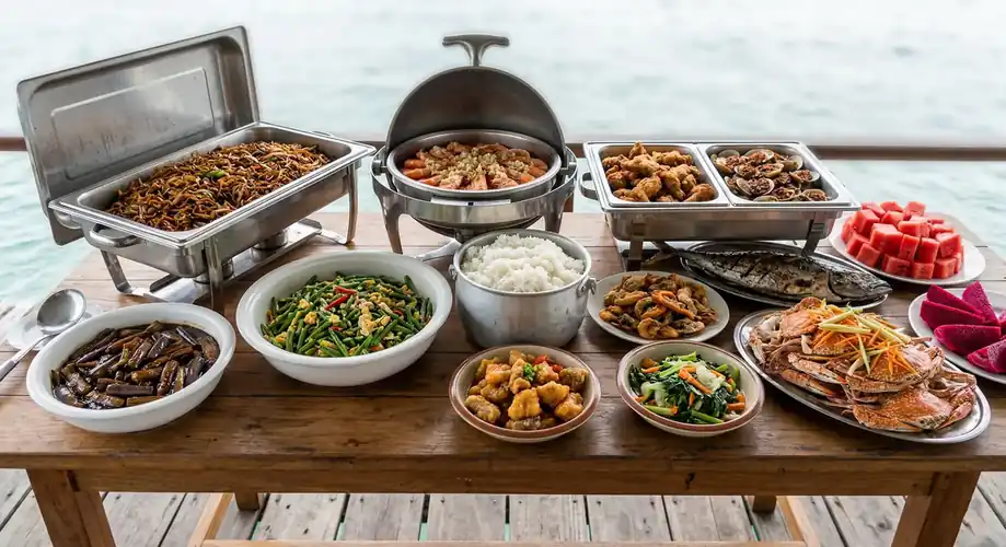Assorted buffet dishes for breakfast and dinner at the resort Coco Seaweed Resort